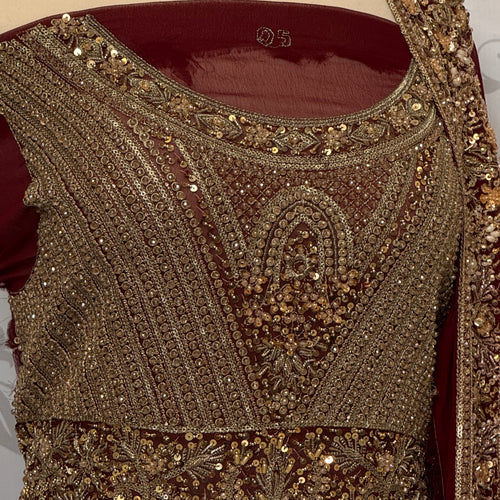 Bridal lehenga Pakistani BL023 shirt close up – nakshi kora crystal hand work detail on deep anari red crinkle chiffon fabric
