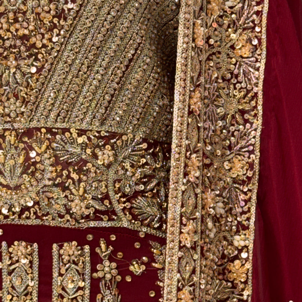 Wedding lehenga hand work BL023 lehenga view – deep anari red crinkle chiffon with nakshi kora and crystal embroidery full skirt Pakistan
