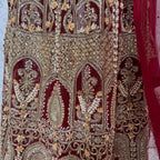 Bridal lehenga hand work BL026 lehenga close up – kora dabka jewelry crystal embroidery detail on deep anari red crinkle chiffon Pakistan
