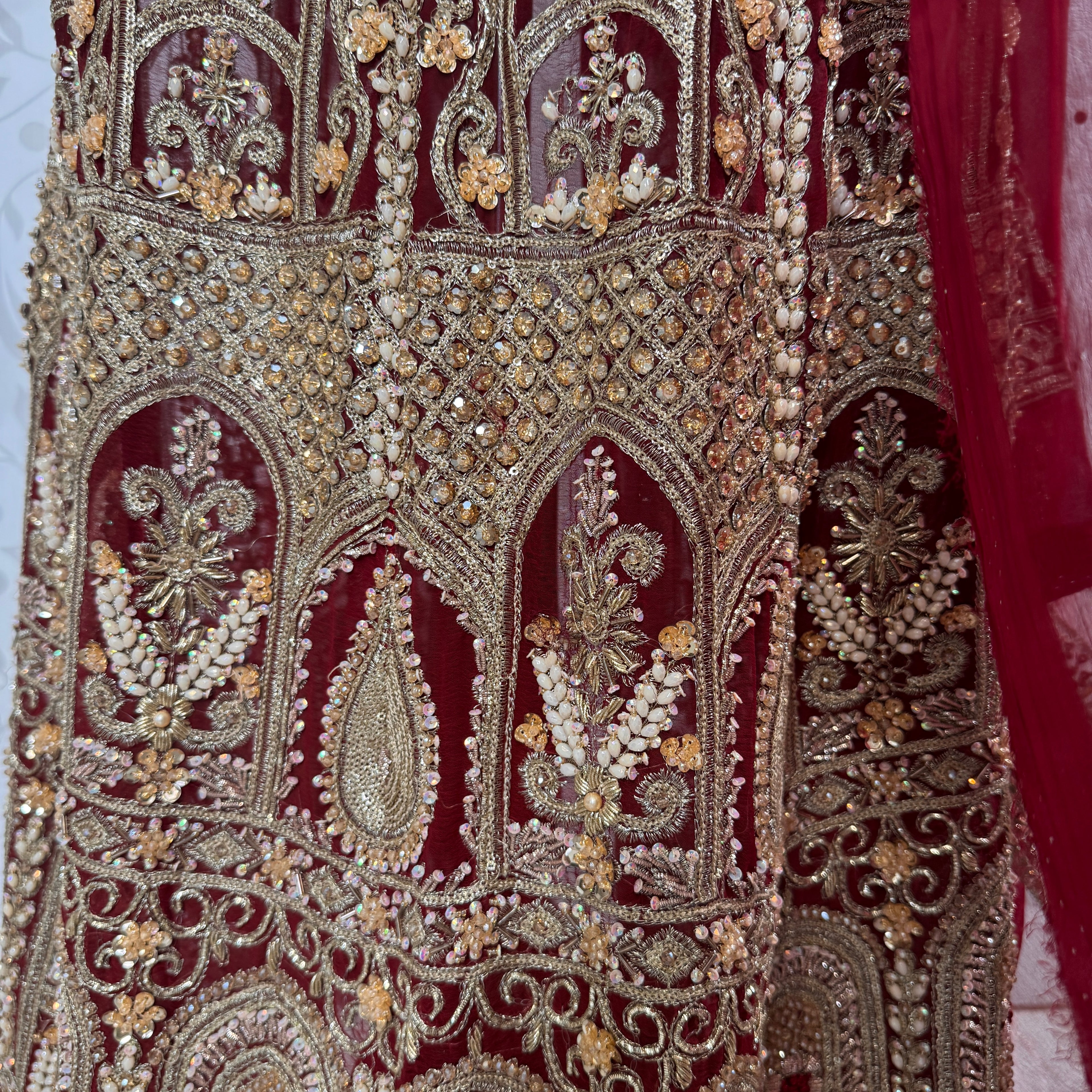 Bridal lehenga hand work BL026 lehenga close up – kora dabka jewelry crystal embroidery detail on deep anari red crinkle chiffon Pakistan
