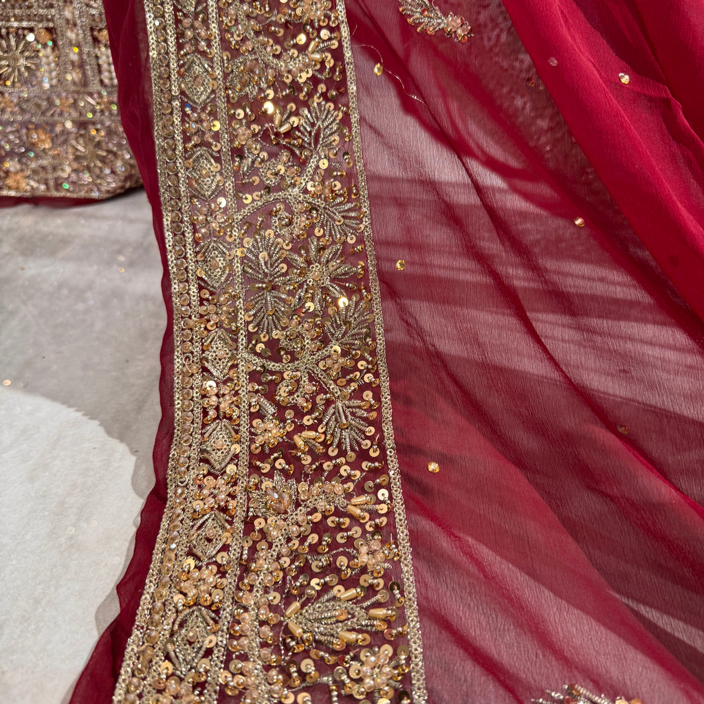 Bridal lehenga online Pakistan BL026 dupatta – deep anari red with thick heavy border on all four sides wedding lehenga

