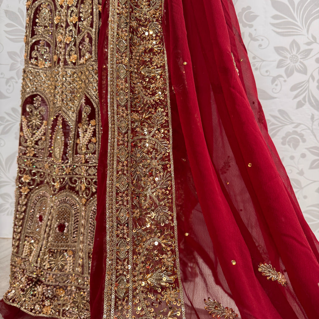 Wedding lehenga hand work BL026 lehenga view – deep anari red crinkle chiffon with kora dabka and jewelry crystal embroidery full skirt Pakistan
