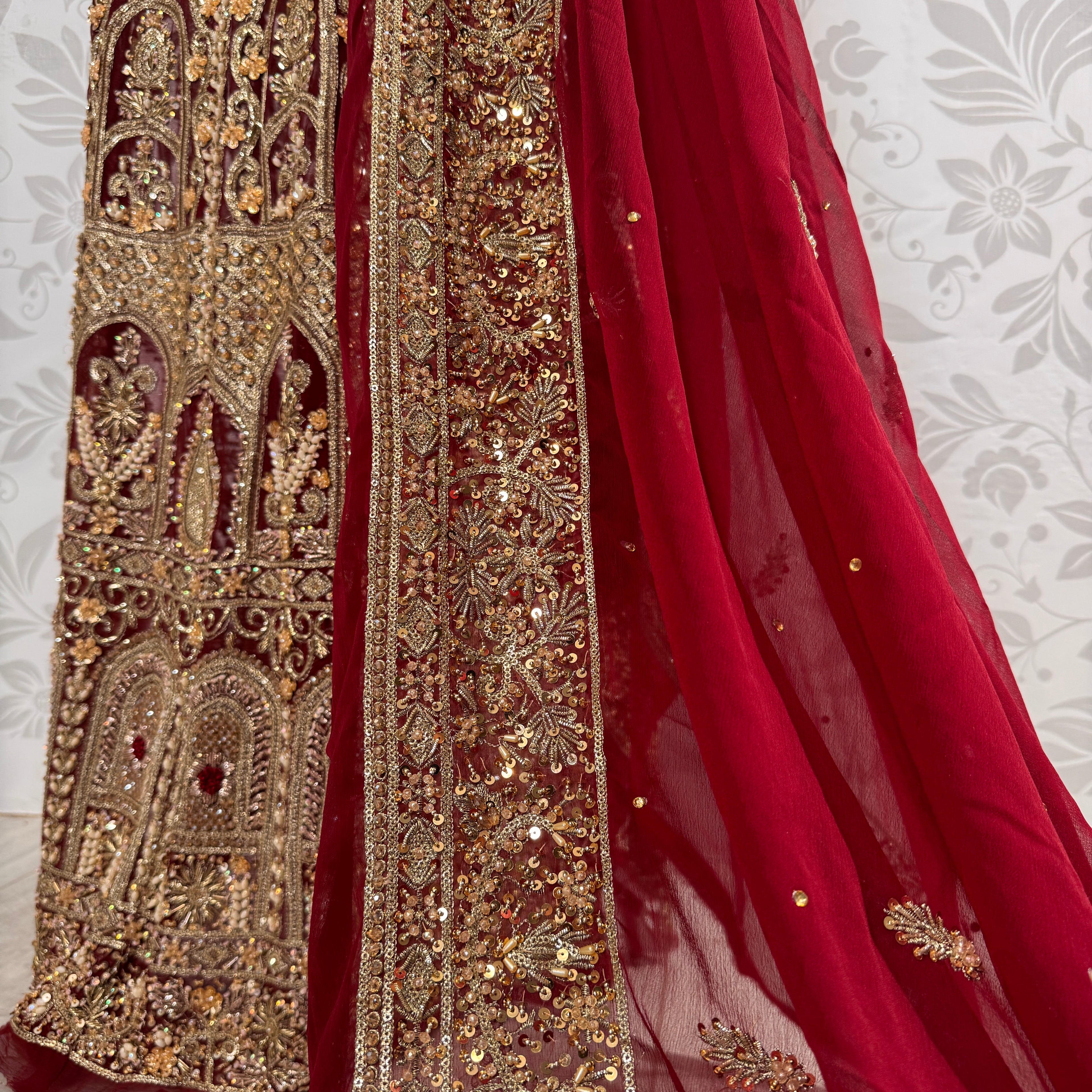 Wedding lehenga hand work BL026 lehenga view – deep anari red crinkle chiffon with kora dabka and jewelry crystal embroidery full skirt Pakistan

