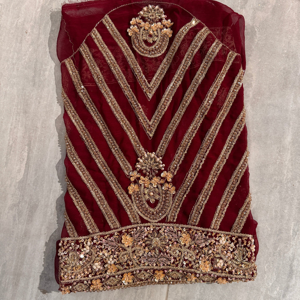 Bridal lehenga hand work BL026 sleeves detail – heavy hand work on deep anari red semi pure crinkle chiffon bridal lehenga Pakistan
