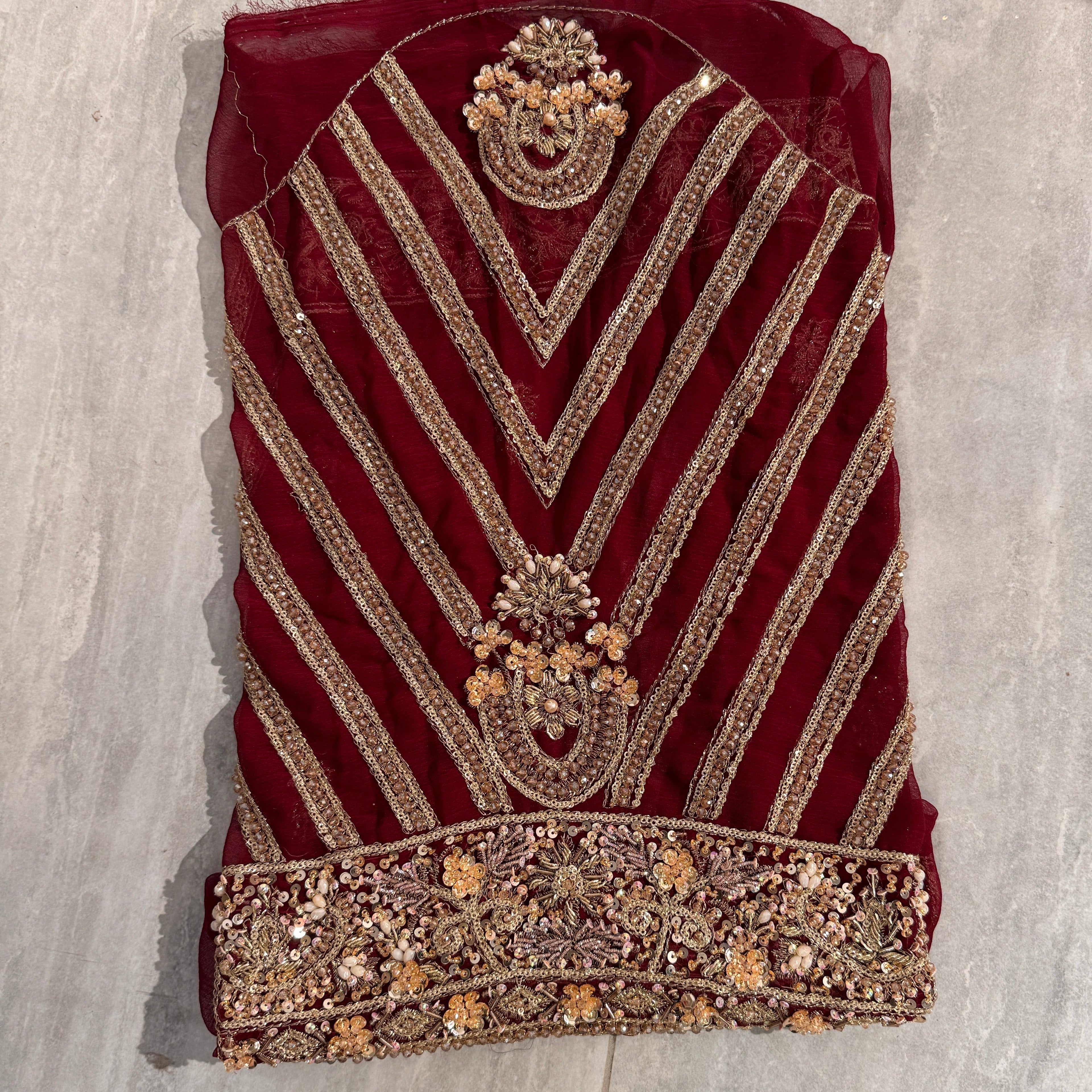 Bridal lehenga hand work BL026 sleeves detail – heavy hand work on deep anari red semi pure crinkle chiffon bridal lehenga Pakistan
