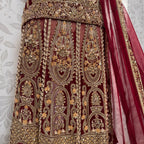Bridal lehenga hand work BL026 lehenga close up – kora dabka jewelry crystal embroidery detail on deep anari red crinkle chiffon Pakistan

