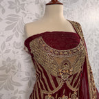 Bridal lehenga Pakistani BL026 shirt close up – kora dabka jewelry crystal hand work detail on deep anari red crinkle chiffon fabric
