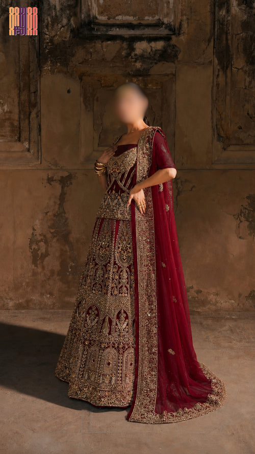 Bridal lehenga hand work BL026 full view – deep anari red semi pure crinkle chiffon with kora dabka jewelry crystal embroidery Pakistani wedding
