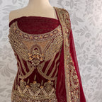 Bridal lehenga hand work shirt view BL026 – deep anari red crinkle chiffon shirt with kora dabka and jewelry crystal embroidery bridal Pakistan
