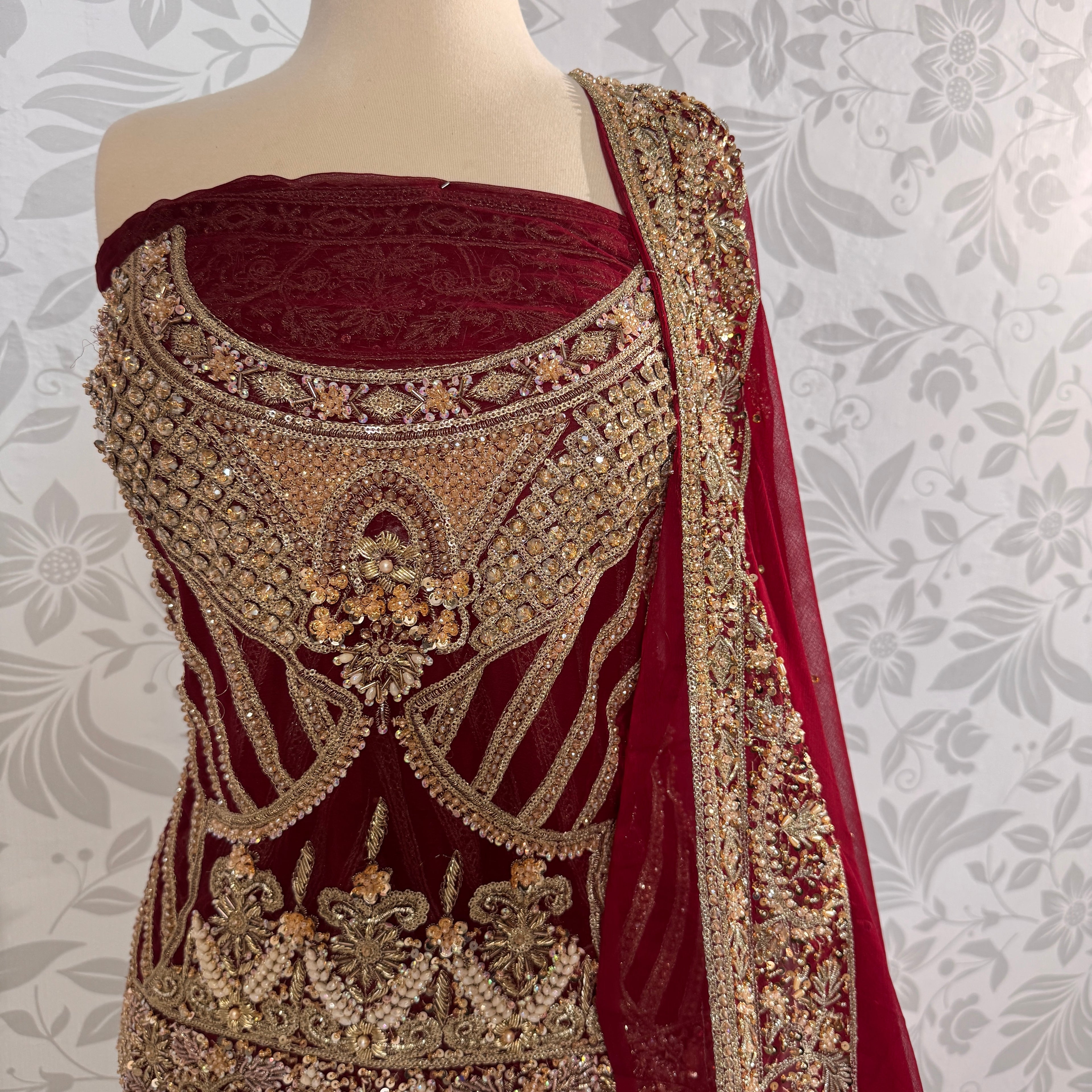 Bridal lehenga hand work shirt view BL026 – deep anari red crinkle chiffon shirt with kora dabka and jewelry crystal embroidery bridal Pakistan
