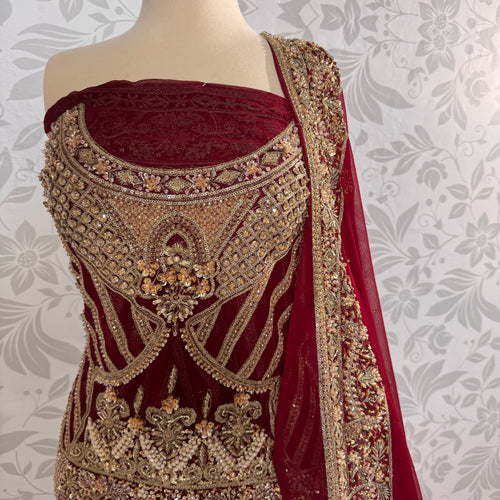 Bridal lehenga hand work shirt view BL026 – deep anari red crinkle chiffon shirt with kora dabka and jewelry crystal embroidery bridal Pakistan
