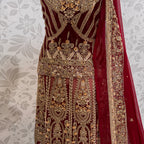 Wedding lehenga hand work BL026 lehenga view – deep anari red crinkle chiffon with kora dabka and jewelry crystal embroidery full skirt Pakistan
