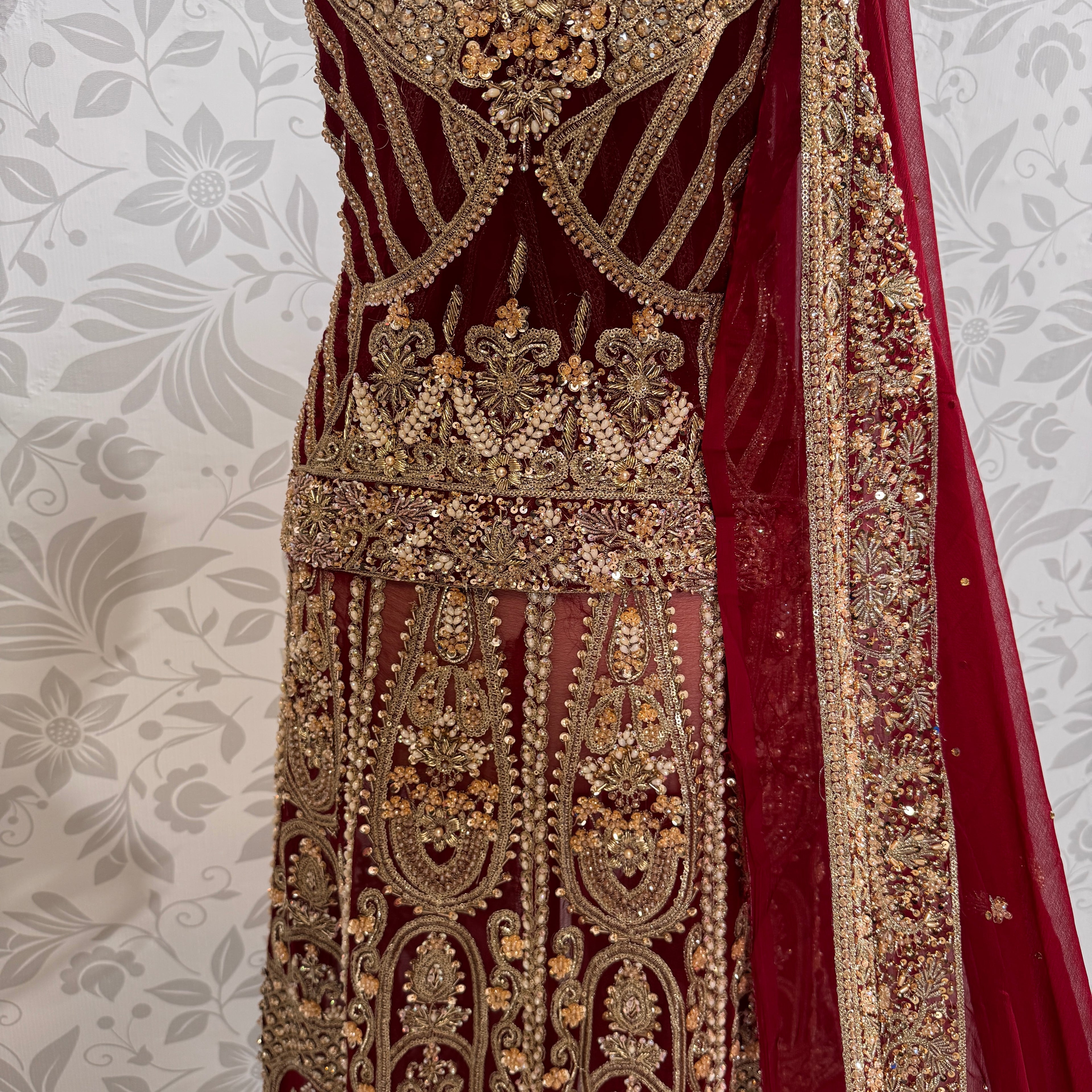 Wedding lehenga hand work BL026 lehenga view – deep anari red crinkle chiffon with kora dabka and jewelry crystal embroidery full skirt Pakistan
