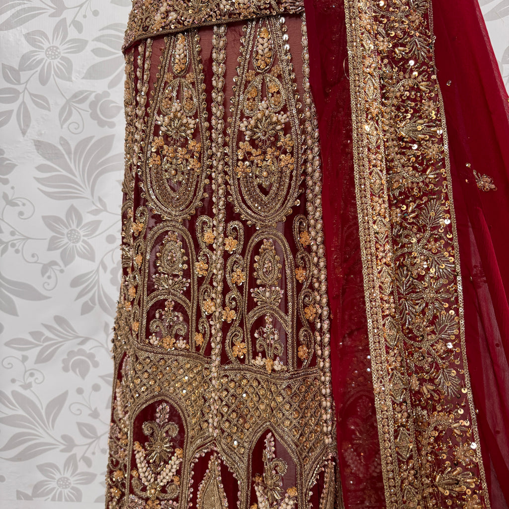 Wedding lehenga hand work BL026 lehenga view – deep anari red crinkle chiffon with kora dabka and jewelry crystal embroidery full skirt Pakistan
