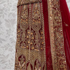 Wedding lehenga hand work BL026 lehenga view – deep anari red crinkle chiffon with kora dabka and jewelry crystal embroidery full skirt Pakistan
