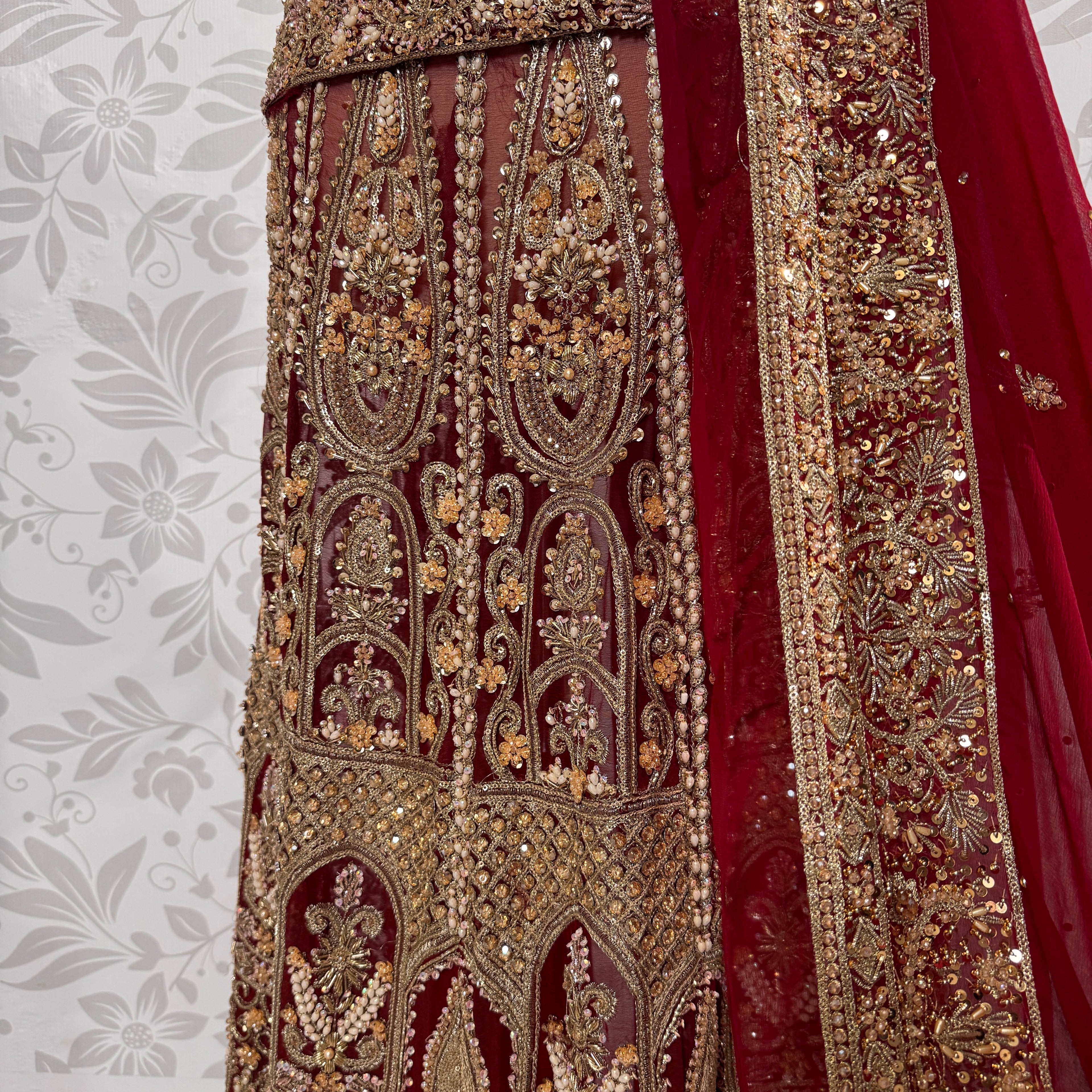 Wedding lehenga hand work BL026 lehenga view – deep anari red crinkle chiffon with kora dabka and jewelry crystal embroidery full skirt Pakistan
