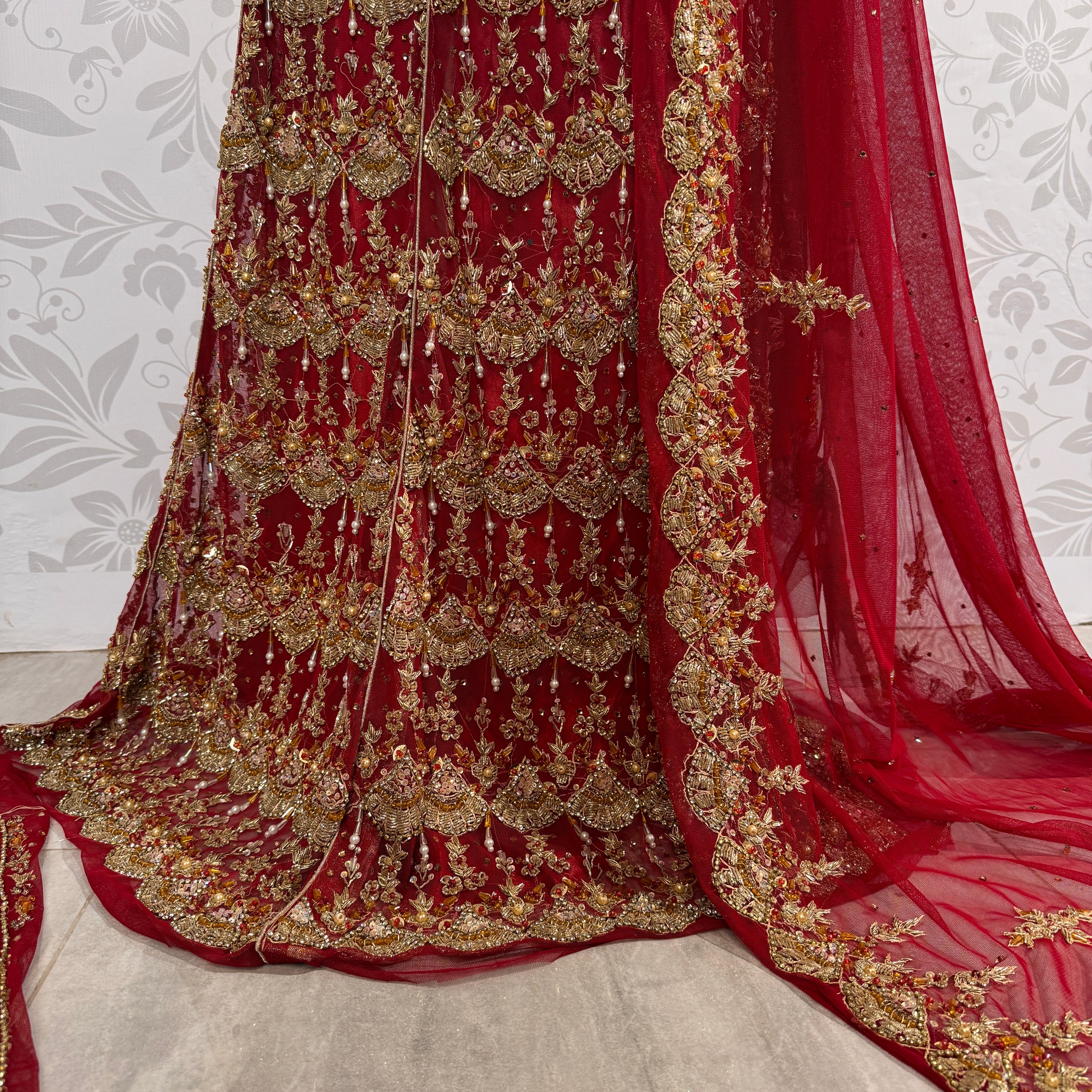 Wedding lehenga hand work BL027 lehenga view – deep anari red crinkle chiffon with kora dabka and hanging pearls full skirt Pakistan
