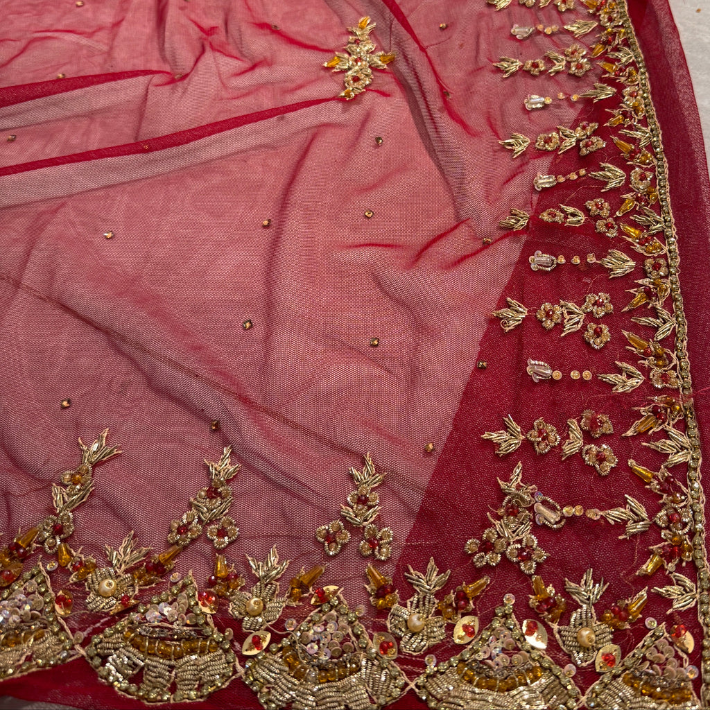 Bridal lehenga online Pakistan BL027 dupatta – deep anari red with heavy matha patti border and light three-side border wedding lehenga
