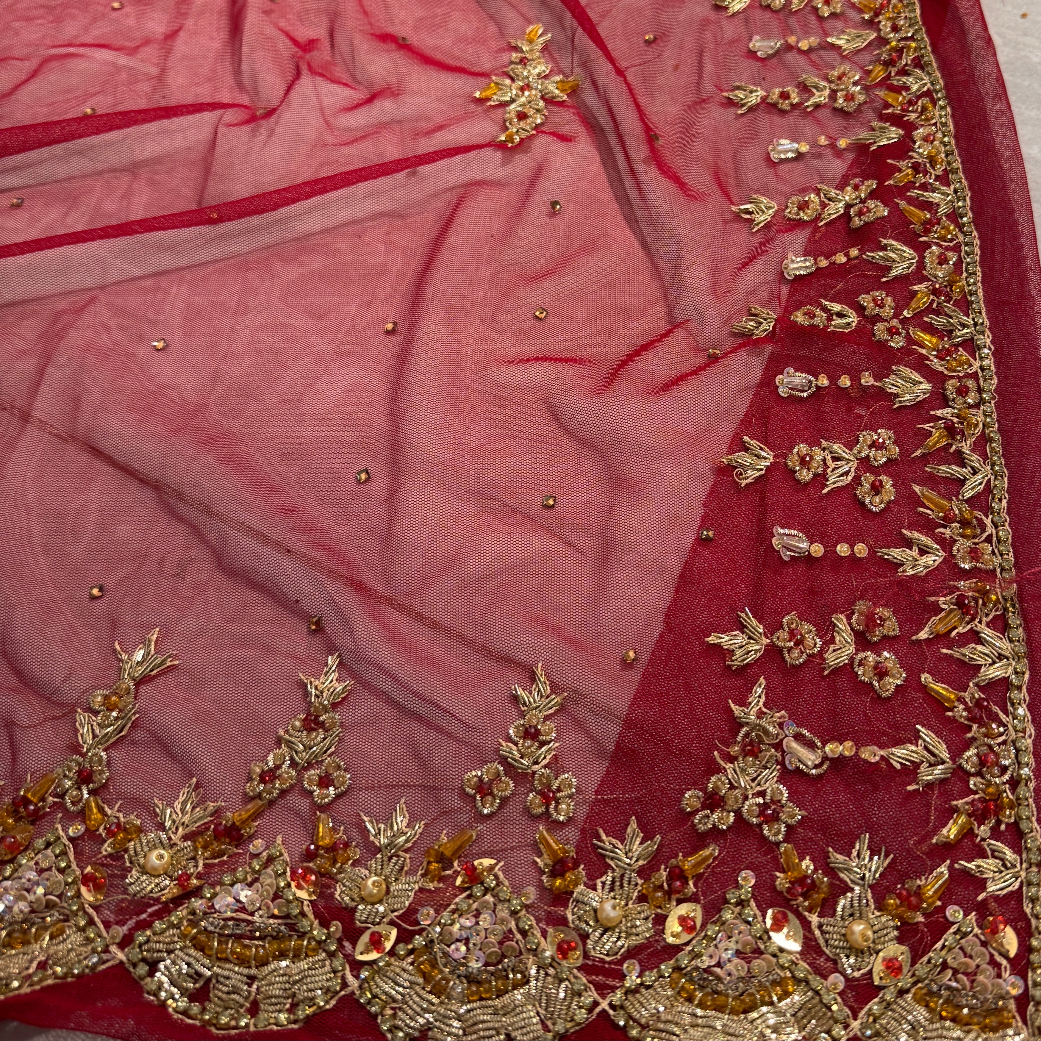 Bridal lehenga online Pakistan BL027 dupatta – deep anari red with heavy matha patti border and light three-side border wedding lehenga

