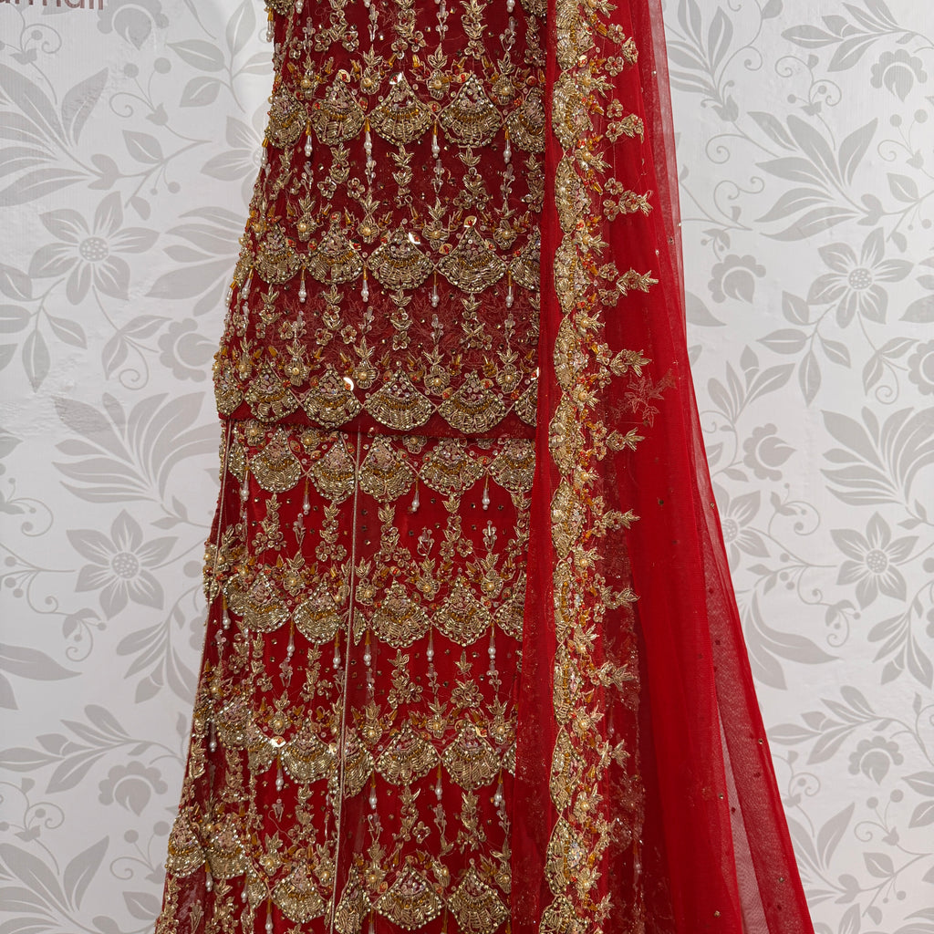 Wedding lehenga hand work BL027 lehenga view – deep anari red crinkle chiffon with kora dabka and jewelry crystal embroidery full skirt Pakistan
