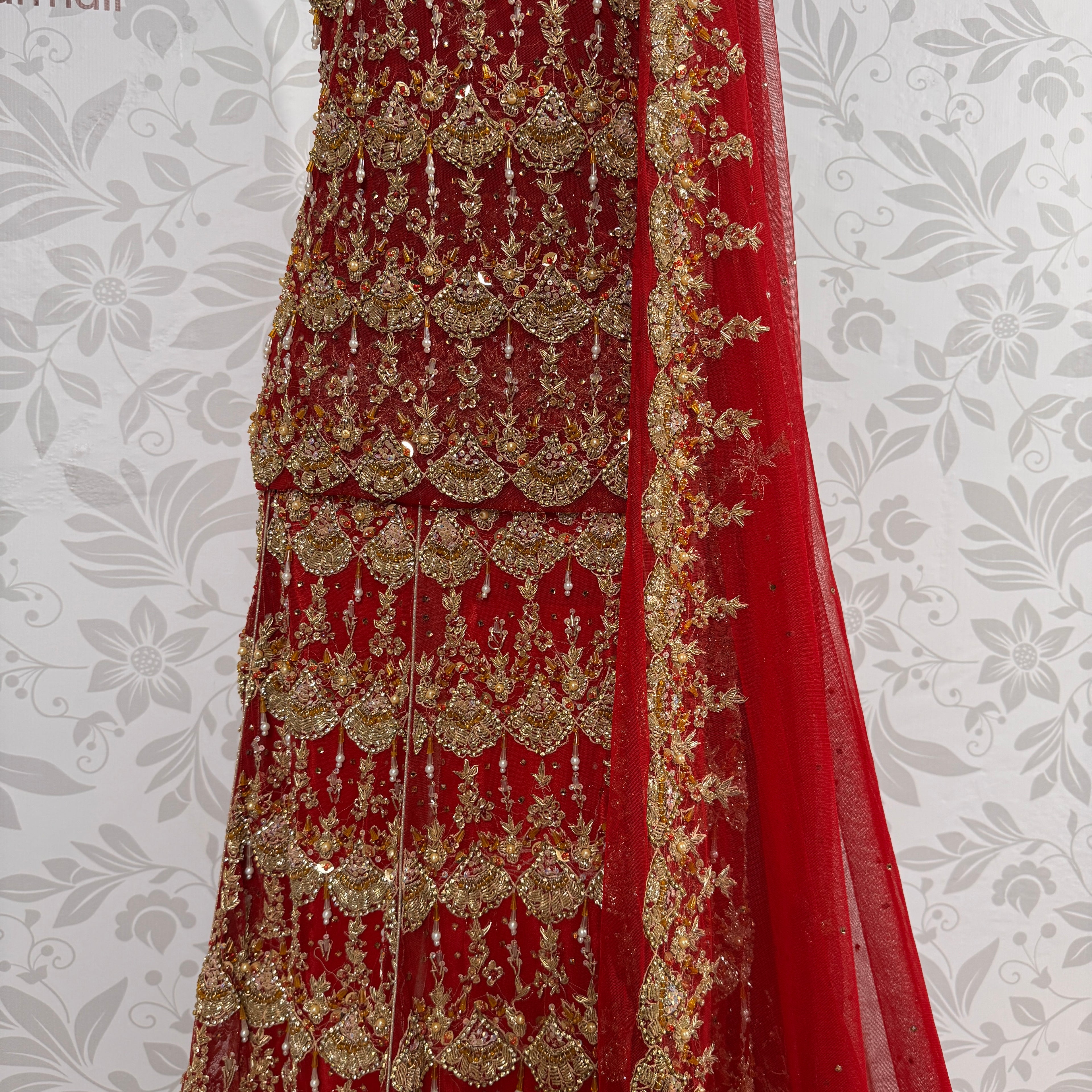 Wedding lehenga hand work BL027 lehenga view – deep anari red crinkle chiffon with kora dabka and jewelry crystal embroidery full skirt Pakistan
