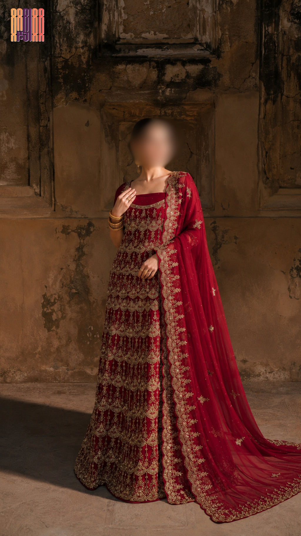 Bridal lehenga hand work BL027 full view – deep anari red semi pure crinkle chiffon with dabka jewelry hanging pearl embroidery Pakistani wedding
