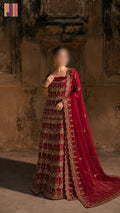 Bridal lehenga hand work BL027 full view – deep anari red semi pure crinkle chiffon with dabka jewelry hanging pearl embroidery Pakistani wedding
