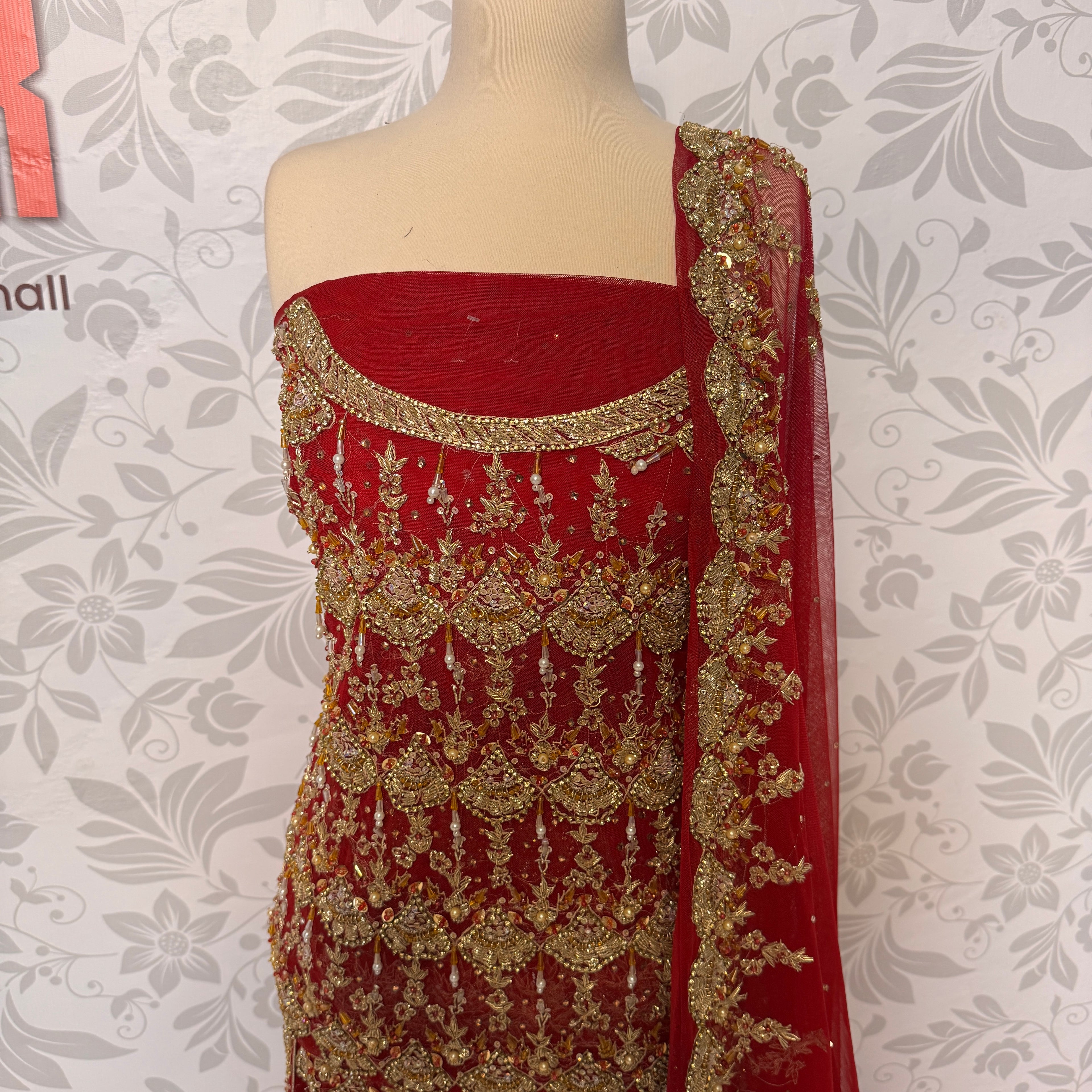 Bridal lehenga hand work shirt view BL027 – deep anari red crinkle chiffon shirt with dabka jewelry work and hanging pearls bridal Pakistan
