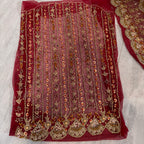 Bridal lehenga hand work BL027 sleeves detail – heavy hand work on deep anari red semi pure crinkle chiffon bridal lehenga Pakistan
