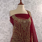Bridal lehenga Pakistani BL028 shirt close up – kora dabka jewelry crystal hand work detail on deep anari red crinkle chiffon fabric
