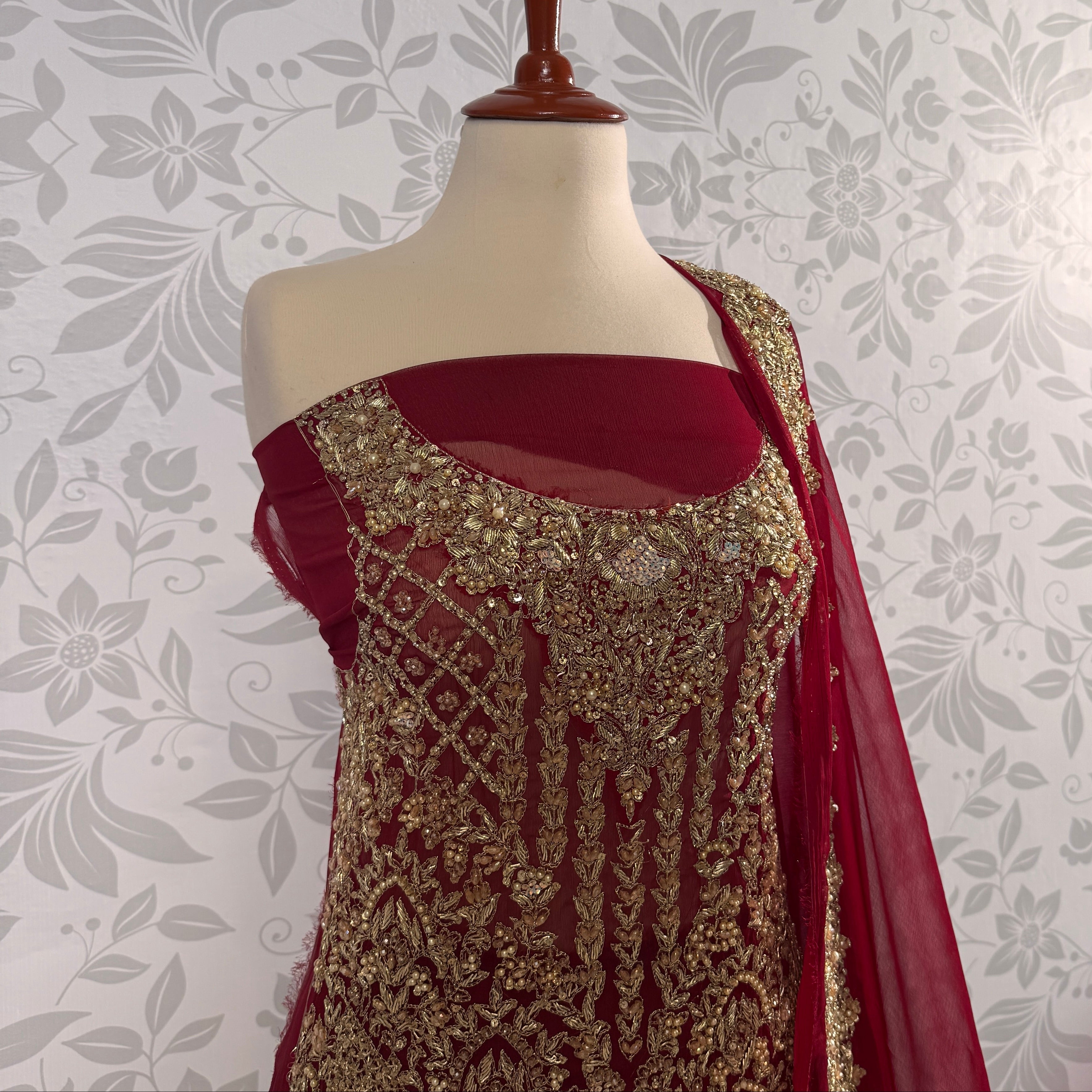 Bridal lehenga Pakistani BL028 shirt close up – kora dabka jewelry crystal hand work detail on deep anari red crinkle chiffon fabric
