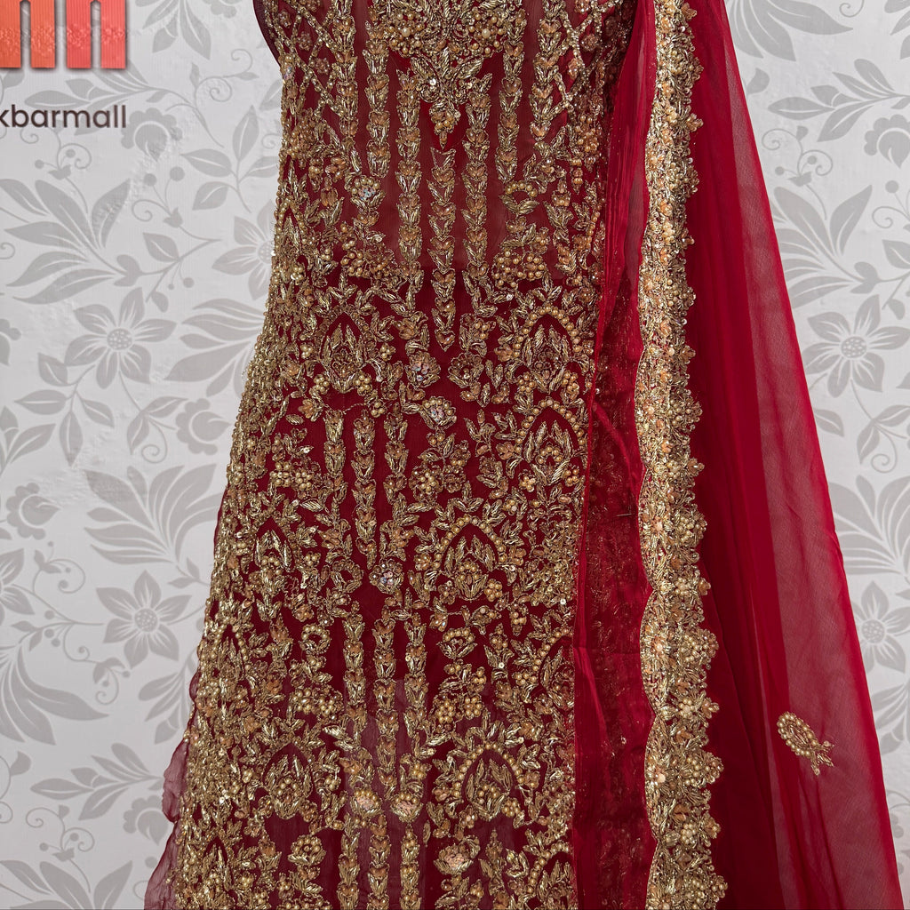 Bridal lehenga hand work shirt view BL028 – deep anari red crinkle chiffon long shirt with kora dabka and jewelry crystal embroidery Pakistan
