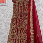 Bridal lehenga hand work shirt view BL028 – deep anari red crinkle chiffon long shirt with kora dabka and jewelry crystal embroidery Pakistan

