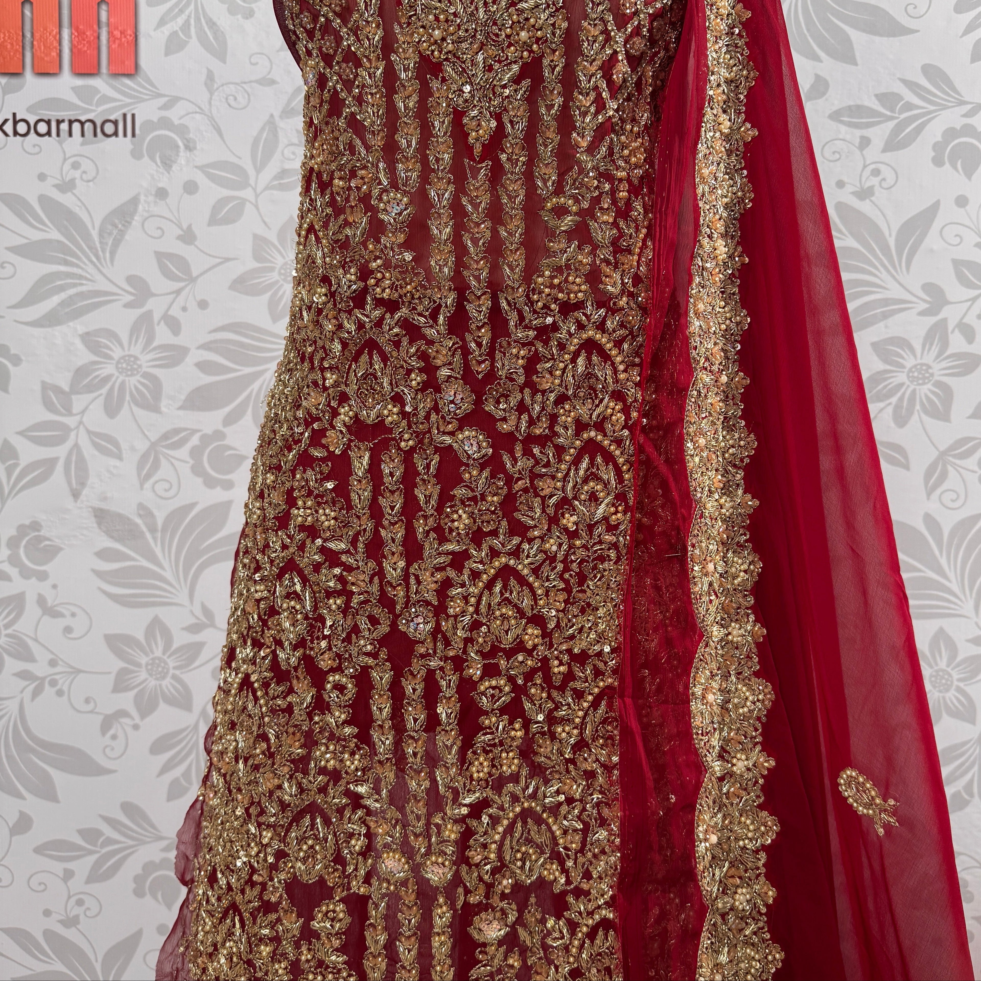 Bridal lehenga hand work shirt view BL028 – deep anari red crinkle chiffon long shirt with kora dabka and jewelry crystal embroidery Pakistan
