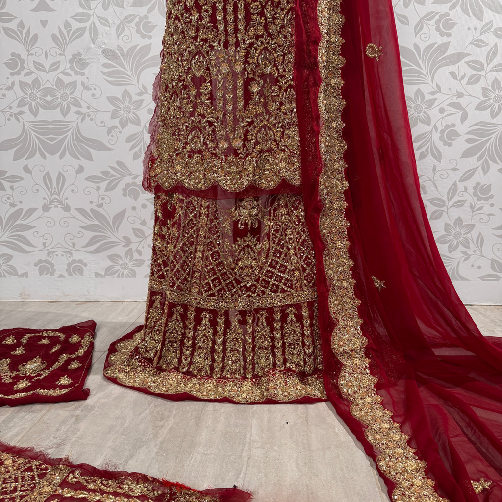 Wedding lehenga hand work BL028 lehenga front view – deep anari red crinkle chiffon with kora dabka jewelry crystal embroidery Pakistan
