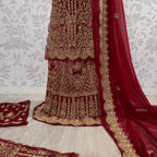 Wedding lehenga hand work BL028 lehenga front view – deep anari red crinkle chiffon with kora dabka jewelry crystal embroidery Pakistan
