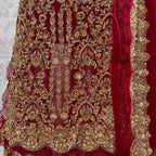 Wedding lehenga hand work BL028 lehenga front view – deep anari red crinkle chiffon with kora dabka jewelry crystal embroidery Pakistan
