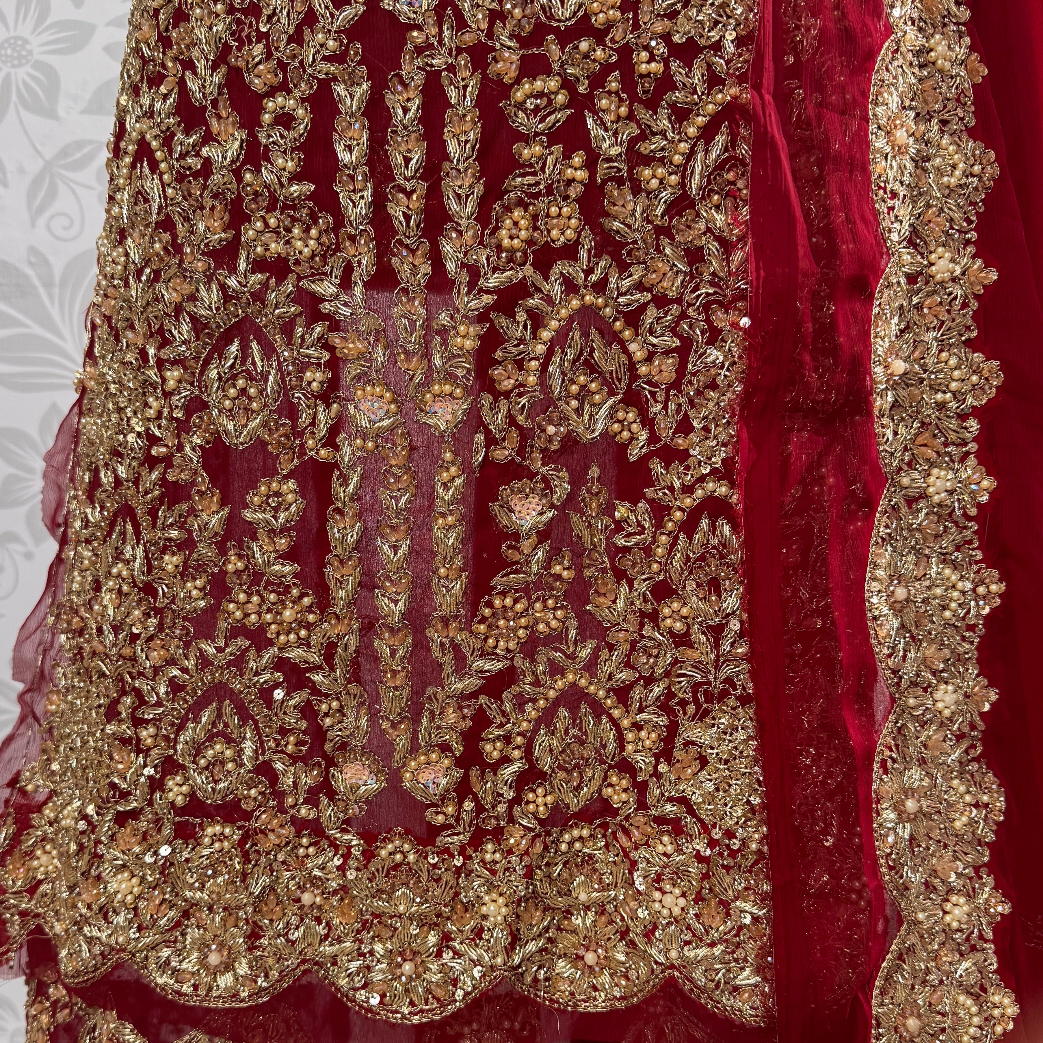 Wedding lehenga hand work BL028 lehenga front view – deep anari red crinkle chiffon with kora dabka jewelry crystal embroidery Pakistan
