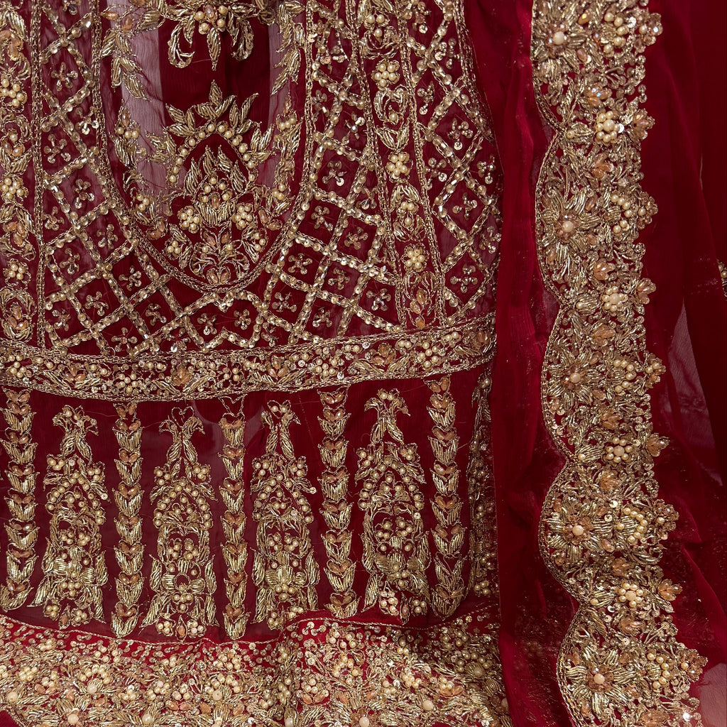Wedding lehenga hand work BL028 lehenga front view – deep anari red crinkle chiffon with kora dabka jewelry crystal embroidery Pakistan
