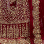 Wedding lehenga hand work BL028 lehenga front view – deep anari red crinkle chiffon with kora dabka jewelry crystal embroidery Pakistan
