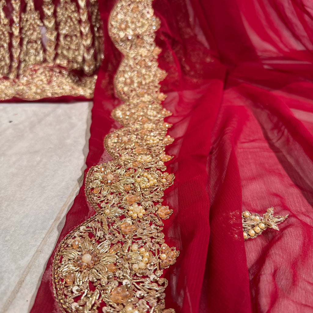 Bridal lehenga online Pakistan BL028 dupatta – deep anari red with heavy matha patti border and light three-side border wedding lehenga
