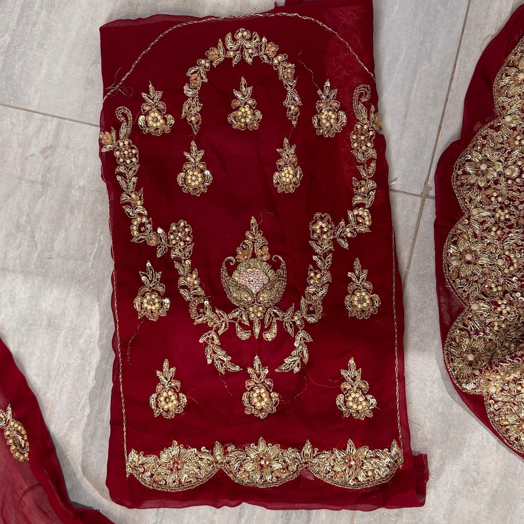 Bridal lehenga hand work BL028 sleeves detail – heavy hand work on deep anari red semi pure crinkle chiffon bridal lehenga Pakistan
