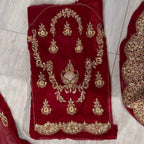 Bridal lehenga hand work BL028 sleeves detail – heavy hand work on deep anari red semi pure crinkle chiffon bridal lehenga Pakistan

