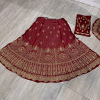 Bridal lehenga hand work BL028 lehenga back view – deep anari red crinkle chiffon with kora dabka and jewelry crystal back embroidery Pakistan
