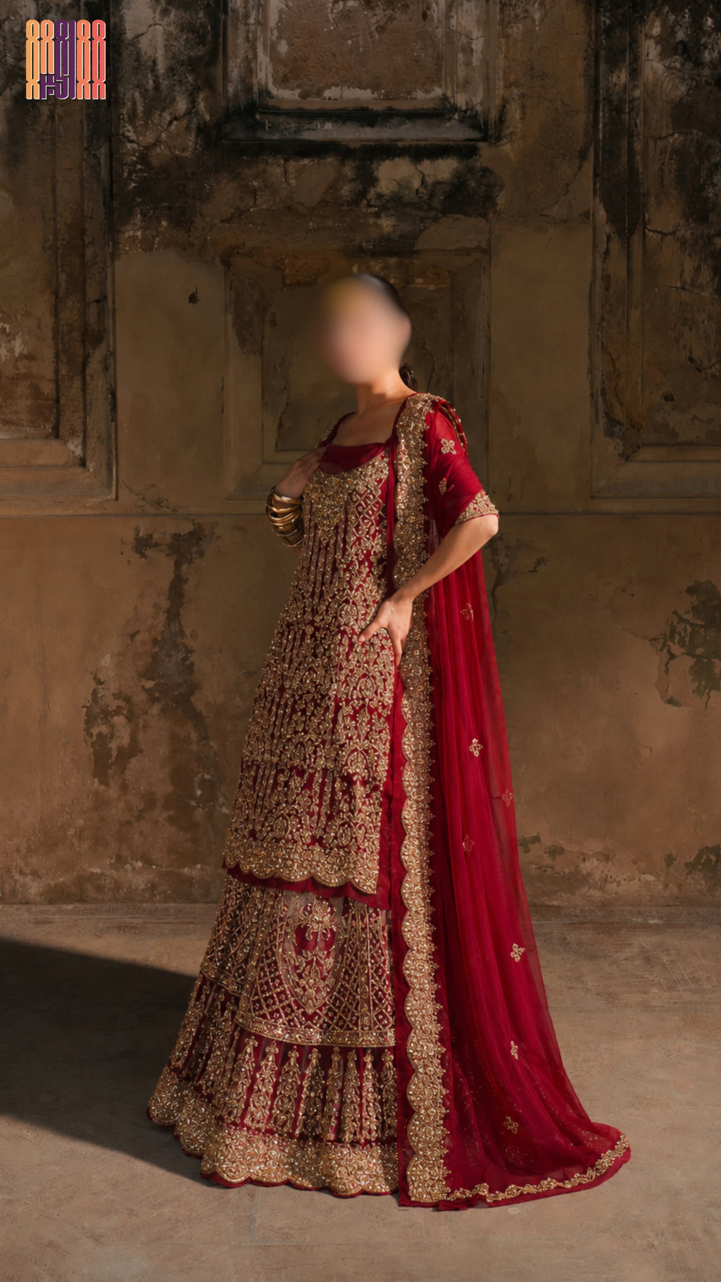 Bridal lehenga hand work BL028 full view – deep anari red crinkle chiffon long shirt with kora dabka jewelry crystal embroidery Pakistani wedding
