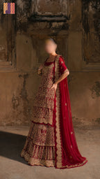 Bridal lehenga hand work BL028 full view – deep anari red crinkle chiffon long shirt with kora dabka jewelry crystal embroidery Pakistani wedding
