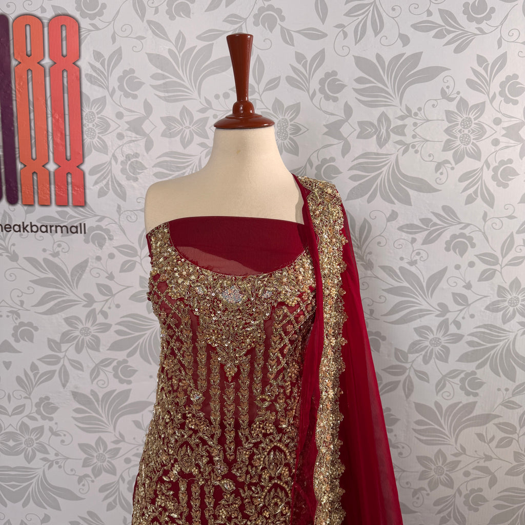 Bridal lehenga hand work shirt view BL028 – deep anari red crinkle chiffon long shirt with kora dabka and jewelry crystal embroidery Pakistan
