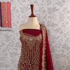 Bridal lehenga hand work shirt view BL028 – deep anari red crinkle chiffon long shirt with kora dabka and jewelry crystal embroidery Pakistan
