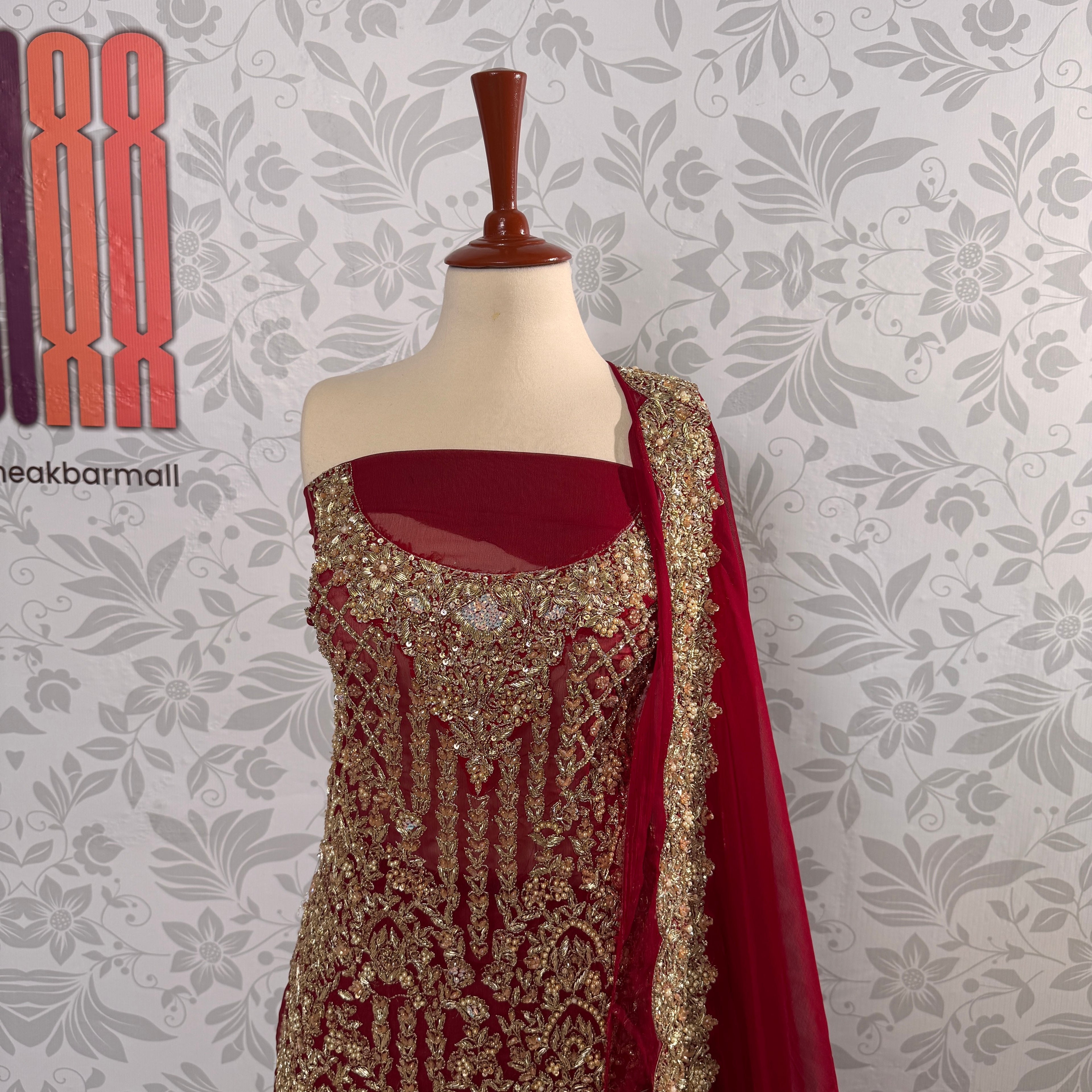 Bridal lehenga hand work shirt view BL028 – deep anari red crinkle chiffon long shirt with kora dabka and jewelry crystal embroidery Pakistan
