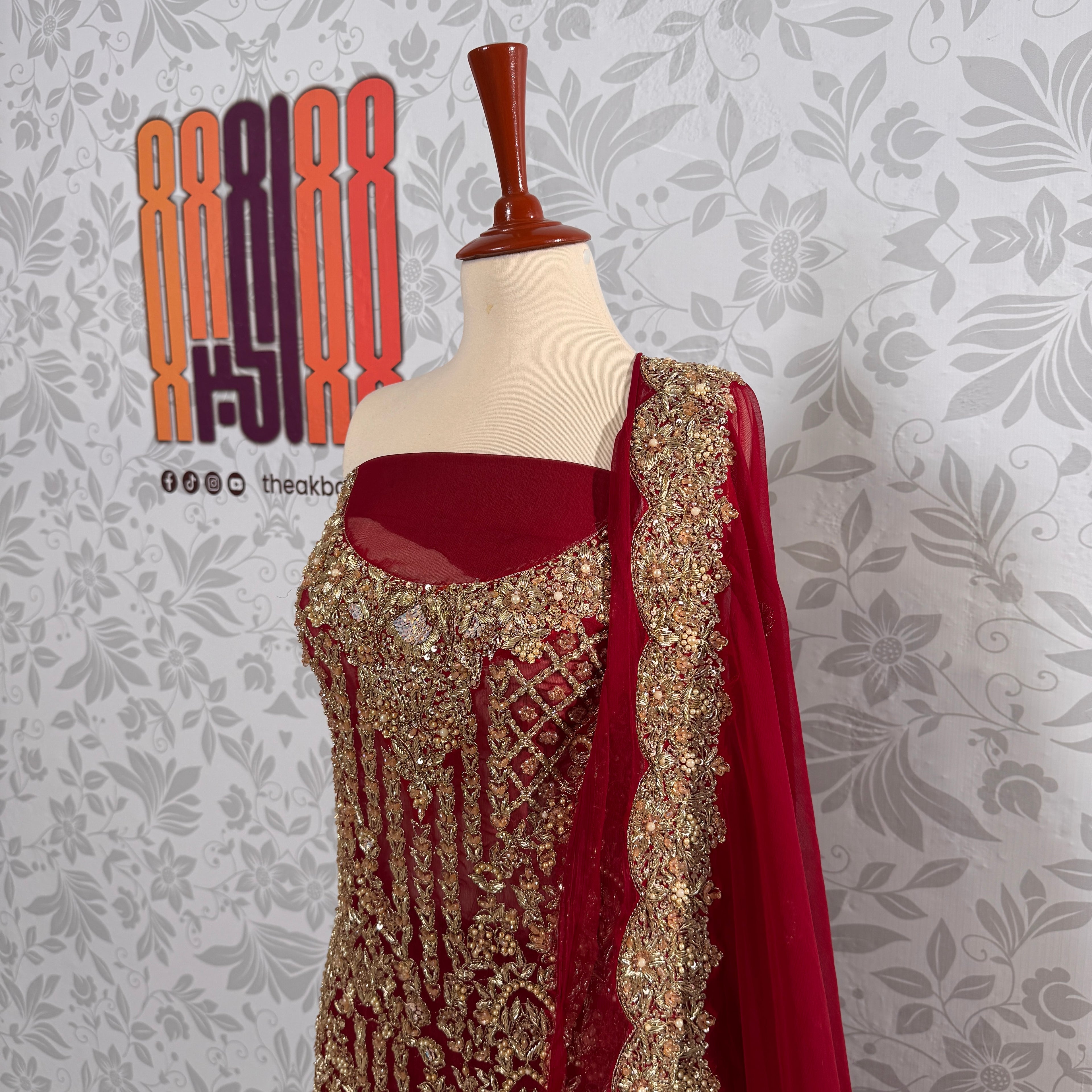 Bridal lehenga Pakistani BL028 shirt close up – kora dabka jewelry crystal hand work detail on deep anari red crinkle chiffon fabric
